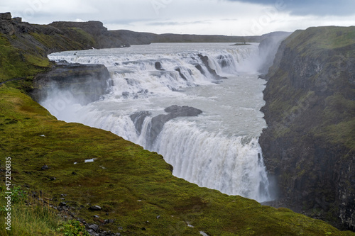 Picturesque full of water big waterfall Gullfoss autumn view  southwest Iceland.