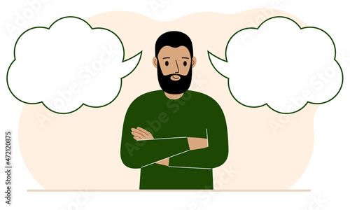 A satisfied man tries to make the right decision. Left and right are empty bubbles. Comparison of the two solutions.