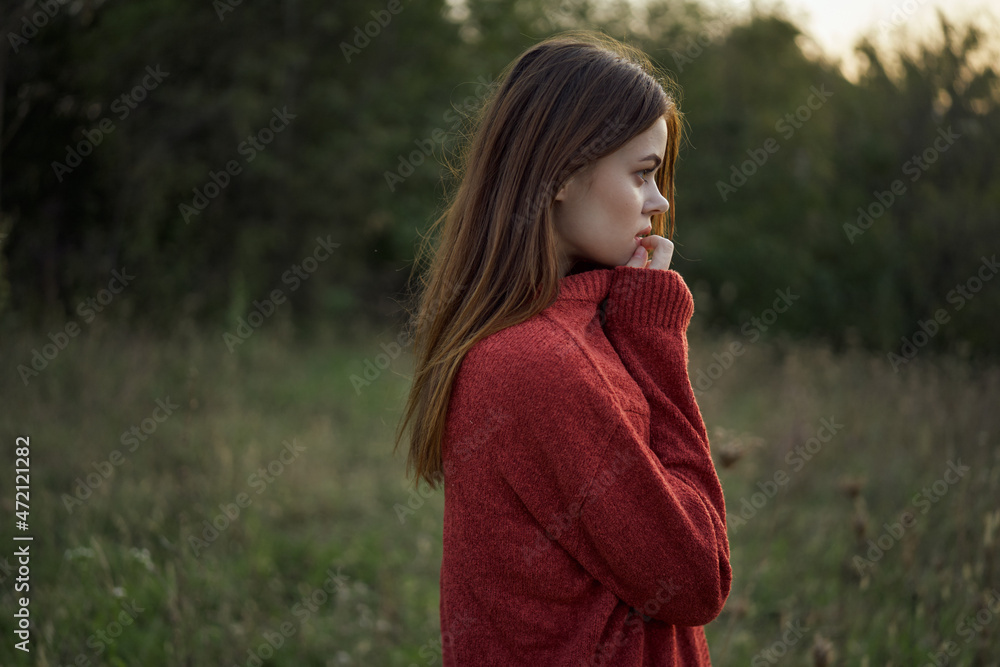 woman outdoors in a field walk fresh air woman outdoors in a field walk fresh air
