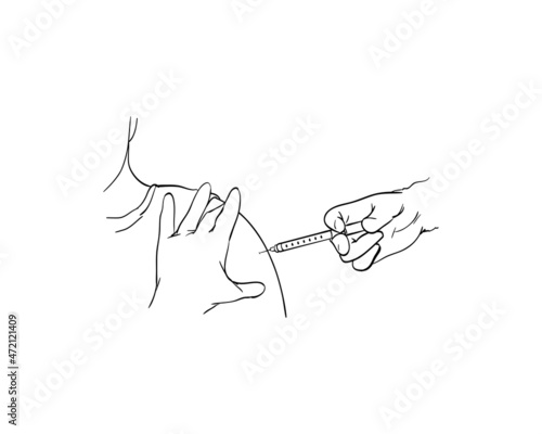 Gloved hands with a syringe injected into the shoulder. Vaccination process. Strengthen immune system, protect health, the body from viruses and infectious diseases. Linear vector illustration