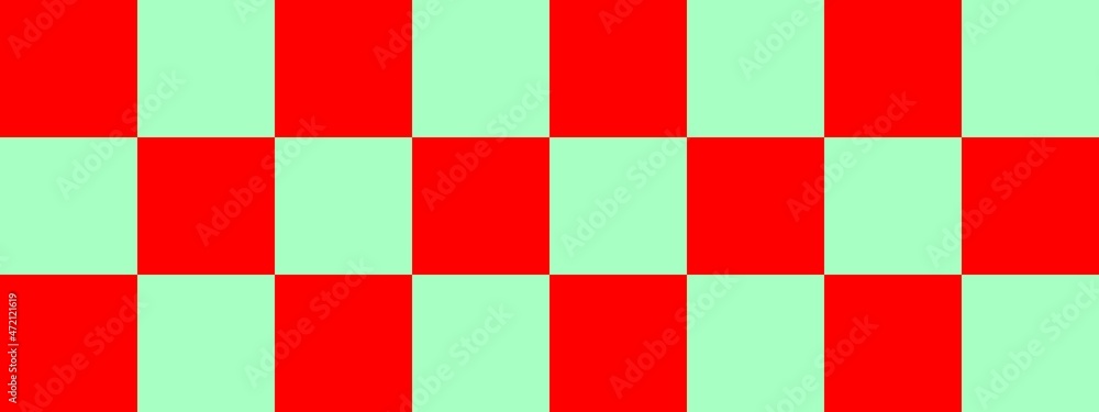 Checkerboard banner. Mint and Red colors of checkerboard. Big squares, big cells. Chessboard, checkerboard texture. Squares pattern. Background.
