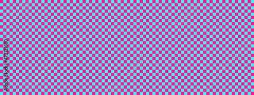 Checkerboard banner. Cyan and Deep pink colors of checkerboard. Small squares, small cells. Chessboard, checkerboard texture. Squares pattern. Background.