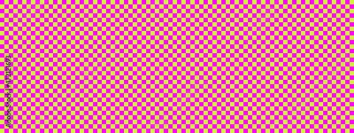 Checkerboard banner. Lime and Magenta colors of checkerboard. Small squares, small cells. Chessboard, checkerboard texture. Squares pattern. Background.