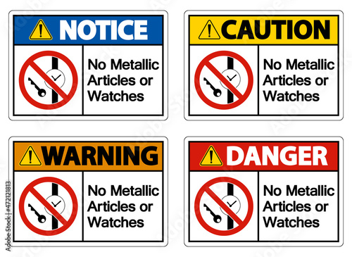 Caution No Metallic Articles Or Watches Symbol Sign On White Background