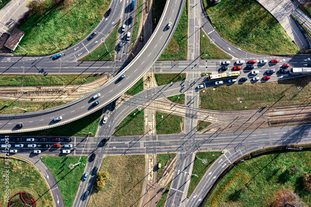 Urban transport interchange in the city. View from above. Wroclaw. Poland