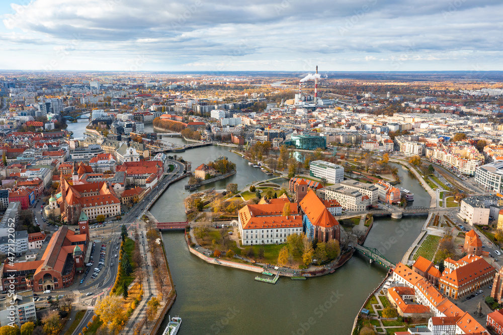Aerial view of the oldest historical part of the European city of Wroclaw, Poland