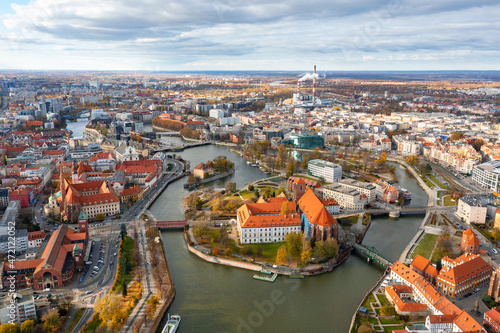 Aerial view of the oldest historical part of the European city of Wroclaw  Poland