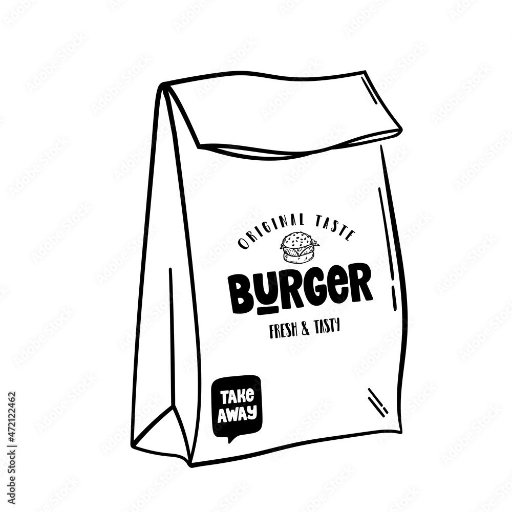 Hand drawn vector illustration of a take away bag. Doodle Burger box with logo.