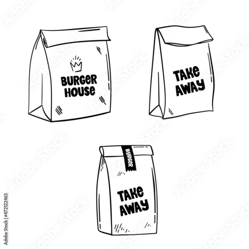 Hand drawn set of a take away bag. Vector illustration Burger house and take away. Doodle takeaway box.