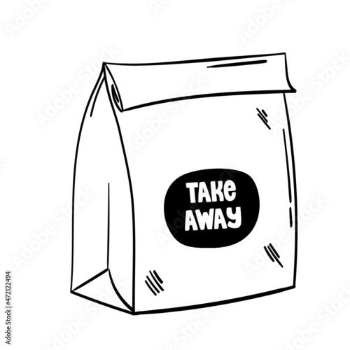 Doodle illustration take away bag. Vector sketch box with takeaway sticker.