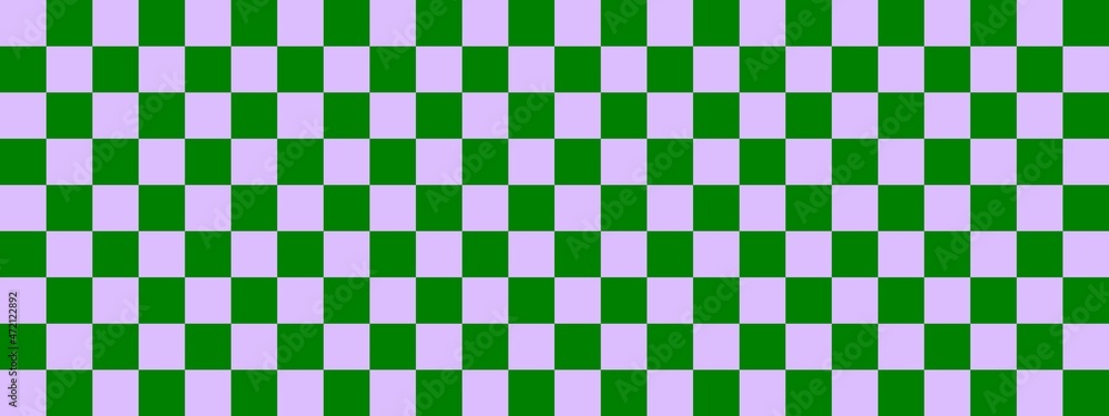 Fototapeta premium Checkerboard banner. Green and Lavender colors of checkerboard. Small squares, small cells. Chessboard, checkerboard texture. Squares pattern. Background.