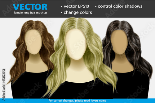 Change color base and color shadows. Female curly long hair mockup