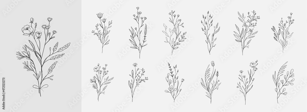 Floral bouquet. Hand drawn wedding branch herb, minimalist flowers with elegant leaves for invitation save the date card design. Botanical rustic trendy greenery vector - obrazy, fototapety, plakaty 