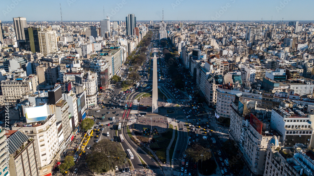 Aerial shot over 9 de Julio Avenue In Buen Aires, Argentina and 