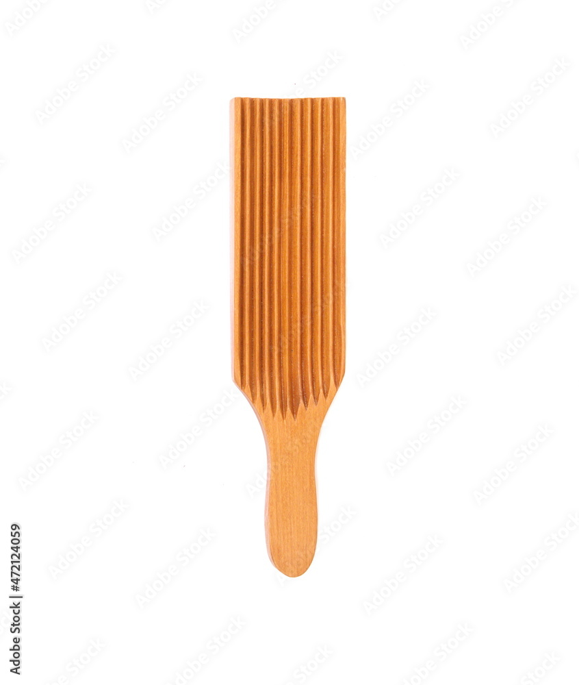 Wooden Gnocchi board, wooden fork for cooking italian gnocchi_on white background Wooden Gnocchi board, wooden fork for cooking italian gnocchi_on white background