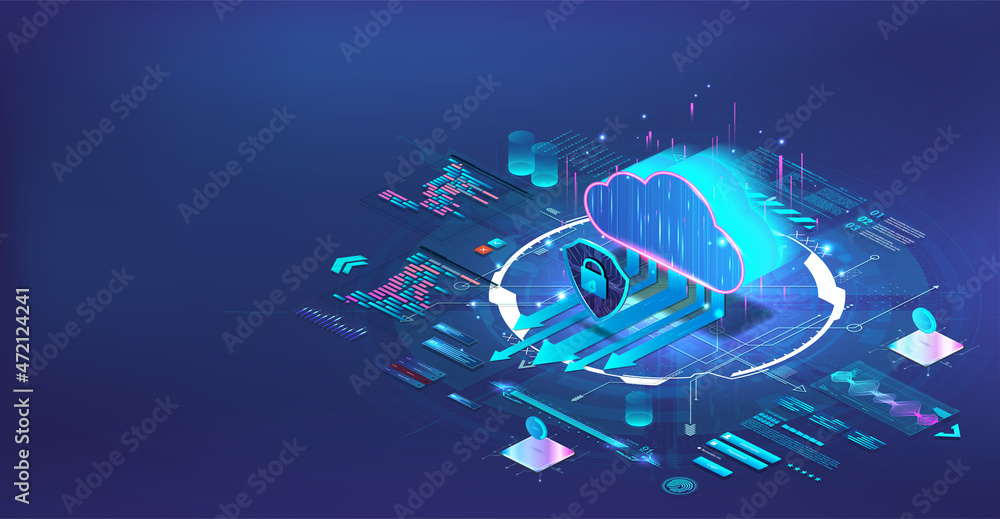 Cloud storage and big data computing in isometric. Blue web banner with