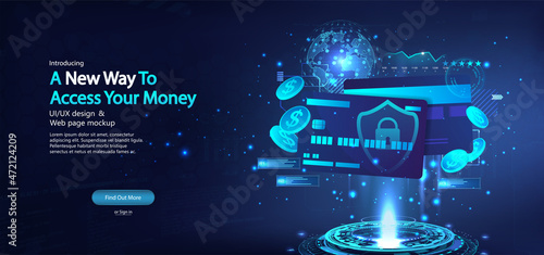 Modern Banner Bank Credit Cards. Blue banner with concept credit and debit accounts. High level of protection at the bank. A lock on bank cards, cybersecurity and shield and lock symbols. Vector