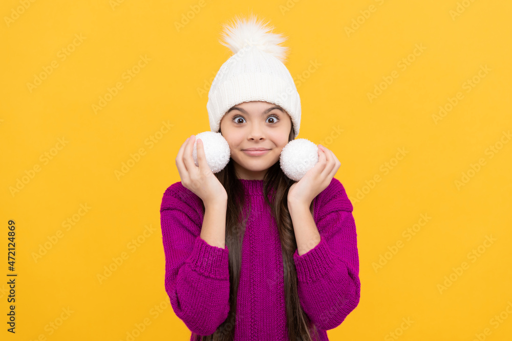 happy cute teen girl wear hat hold decorative balls, new year happy cute teen girl wear hat hold decorative balls, new year
