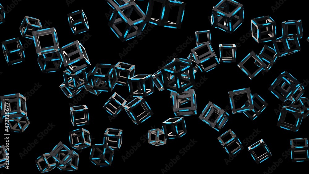 Blue illuminated carbon fiber reinforced cube under black background. Block chain network technology concept illustration. 3D illustration. 3D CG. 3D high quality rendering. Blue illuminated carbon fiber reinforced cube under black background. Block chain network technology concept illustration. 3D illustration. 3D CG. 3D high quality rendering.