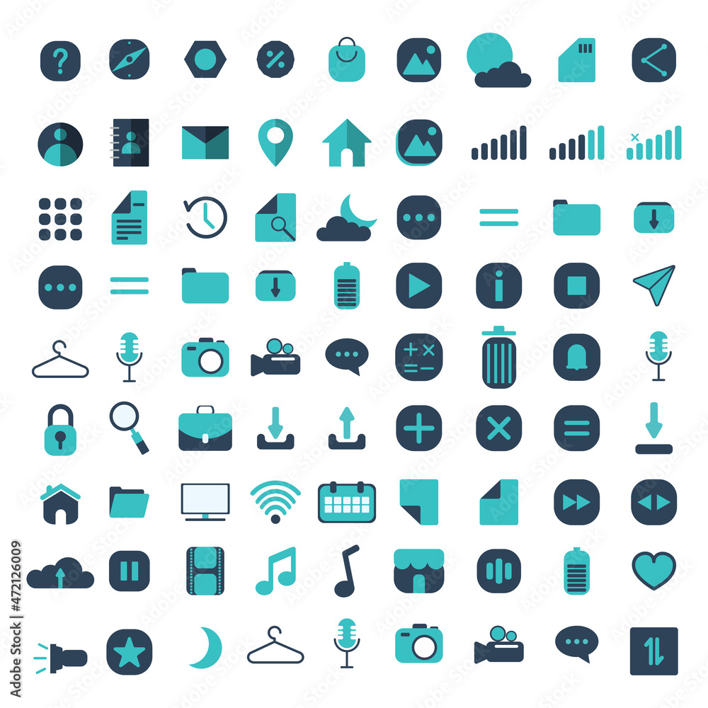 set of blue flat universal Icons For Web and Mobile set on white background set of blue flat universal Icons For Web and Mobile set on white background