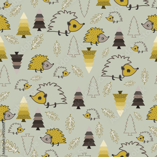 Nocturnal hedgehogs in the woods seamless pattern