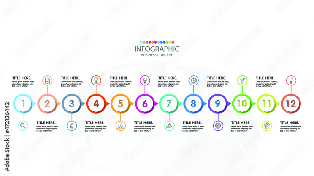 Basic timeline infographic template with 12 steps, process or options, process chart, Used for process diagram, presentations, workflow layout, flow chart, infograph. Vector eps10 illustration. Basic timeline infographic template with 12 steps, process or options, process chart, Used for process diagram, presentations, workflow layout, flow chart, infograph. Vector eps10 illustration.