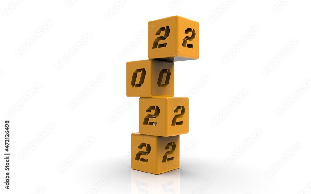 High quality 3D rendering block of yellow numbers representing 2022 in a vertical zigzag arrangement High quality 3D rendering block of yellow numbers representing 2022 in a vertical zigzag arrangement