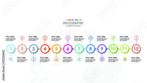 Basic timeline infographic template with 12 steps, process or options, process chart, Used for process diagram, presentations, workflow layout, flow chart, infograph. Vector eps10 illustration.