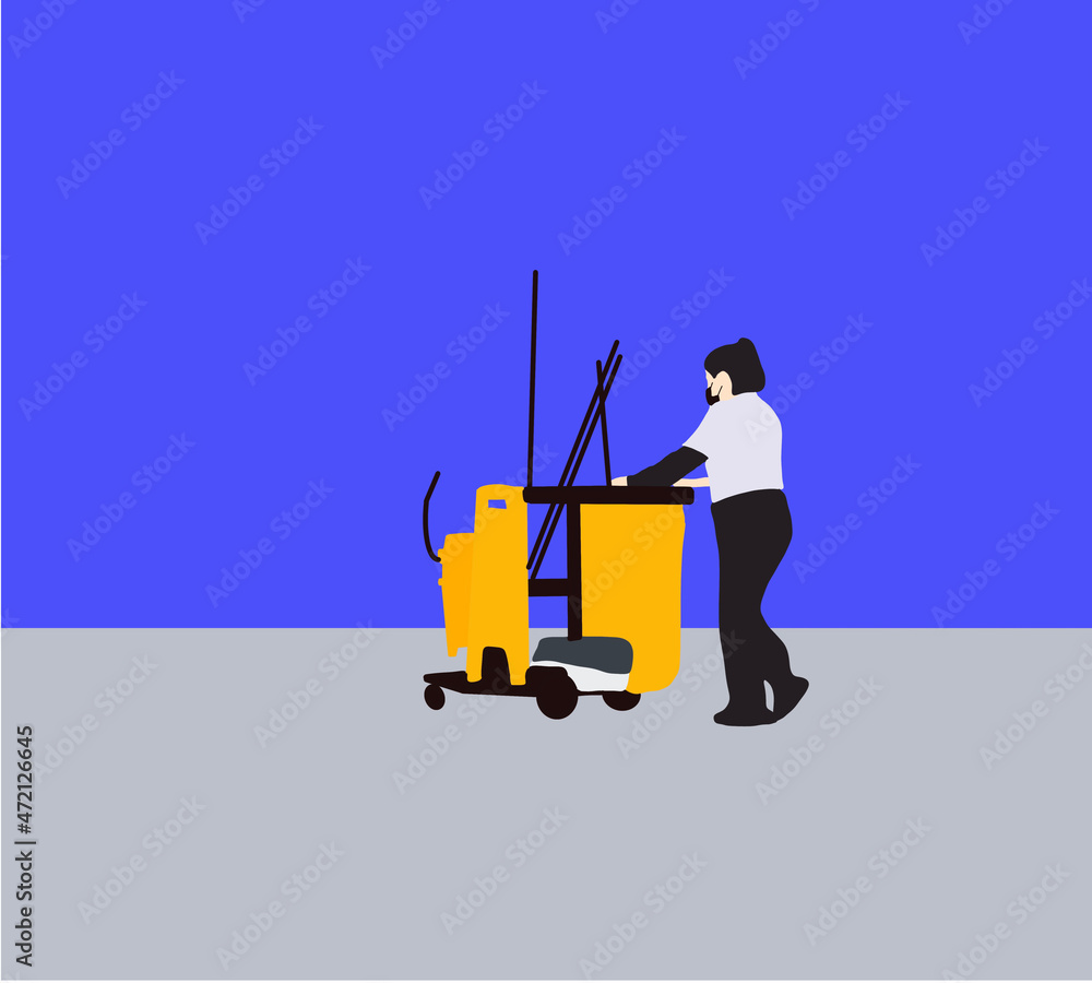 Female cleaners with face mask in uniform working together with professional equipment. Cleaning service concept vector concept design. Female cleaners with face mask in uniform working together with professional equipment. Cleaning service concept vector concept design.