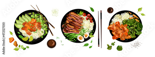 Plates with food top view,Salmon,vegetables,rice,steak with rice eggs and asparagus.Chicken rice,avocado.Set of bowls,cartoon style,white background.Healthy food.Asian cuisine.Vector illustration