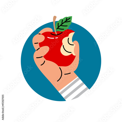 Hand holding bitten apple flat vector illustration