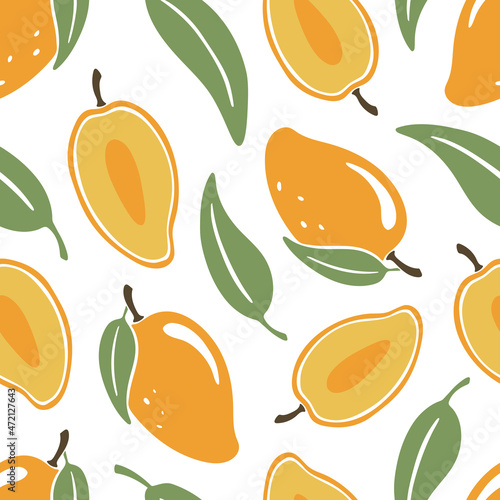 Cute mango seamless pattern. Juicy fruits and leaves in cartoon style. Vector flat hand drawn illustration