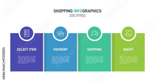 Concept of shopping process with 4 successive steps. Four colorful graphic elements. Timeline design for brochure, presentation, web site. Infographic design layout.