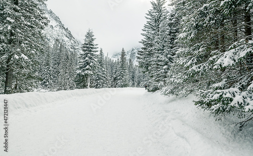 View of the nearby mountains follows the road to the Sea Eye in winter, Zakopane