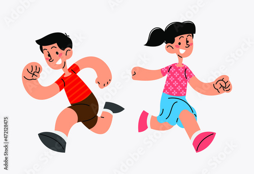 Happy kids running flat vector illustration