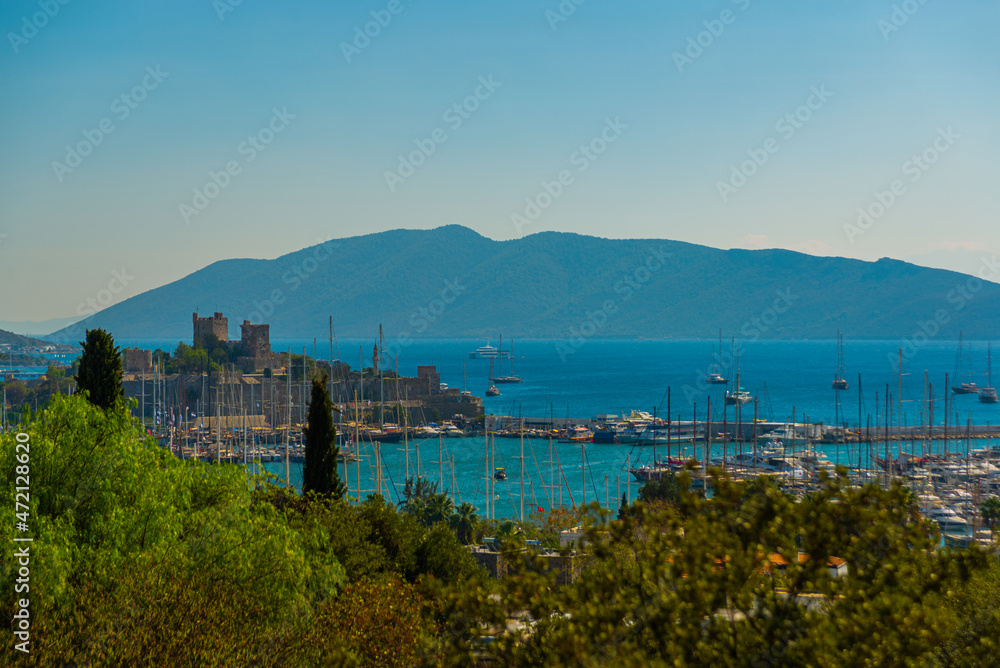 BODRUM, TURKEY: Top view from the amphitheater of the city, the sea, boats, ships and St. Peter's Castle.