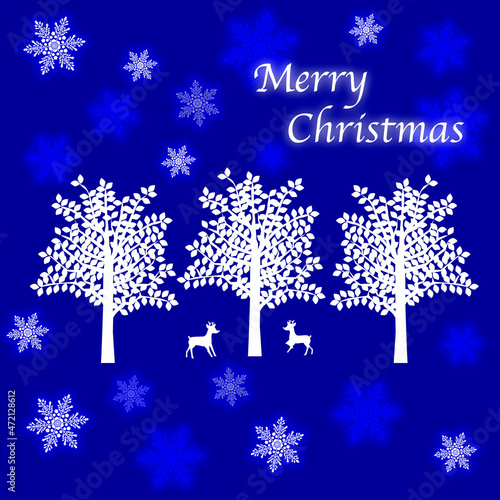 クリスマス用、雪、鹿と森のイラストのイラスト