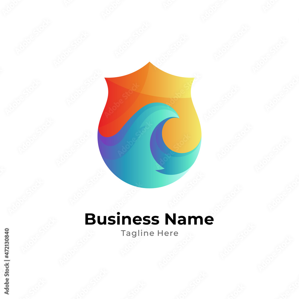 Shield and wave logo design template with gradient colors Shield and wave logo design template with gradient colors