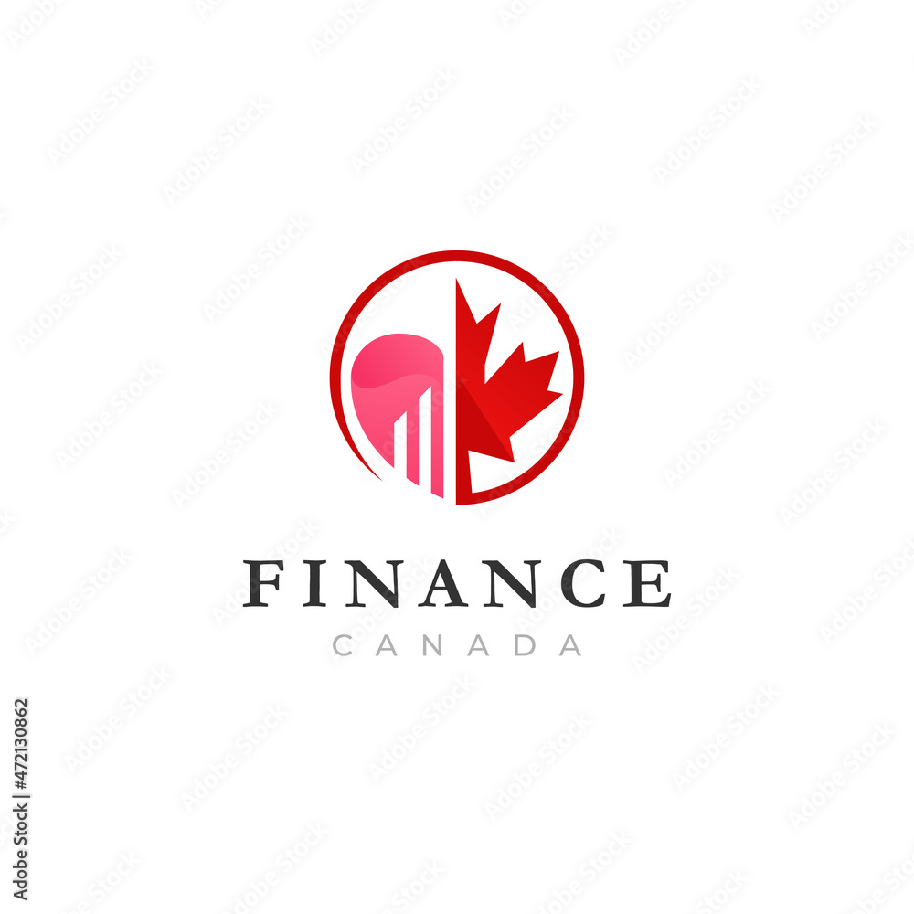 Modern love finance canada logo with modern style, circular, love symbol, negative space diagram, maple leaf, red color