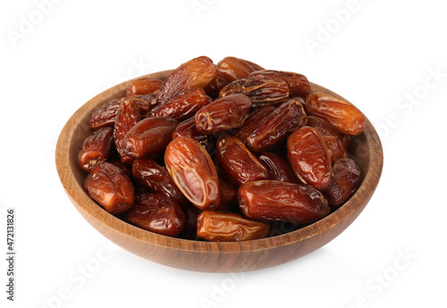 Sweet dried dates in bowl on white background