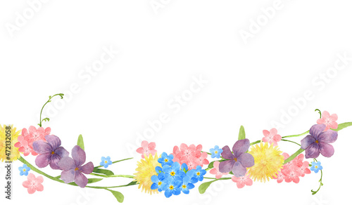 春の草花のデコレーション　水彩画