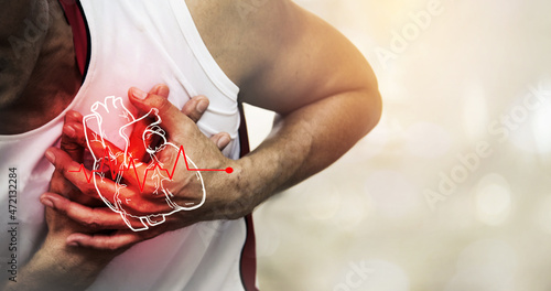 Blurred Man holding his hand and squeezing his chest suffers heart attack, severe heart attack and showing pain and suffering while exercising : Concept of myocardial infarction