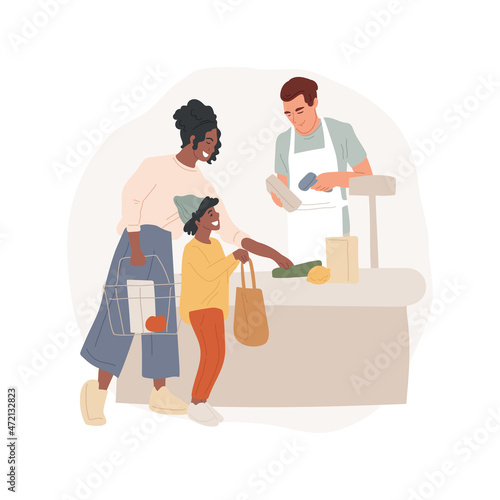 Making purchase isolated cartoon vector illustration. Kid put groceries on the register belt, helping mom shopping, family life, paying for purchase, buying food at supermarket cartoon vector.