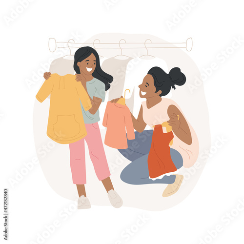 Buying kids clothes isolated cartoon vector illustration. Choosing clothes together, shopping mall, mom holding many girl dresses, happy daughter trying on, buying kids apparel cartoon vector.