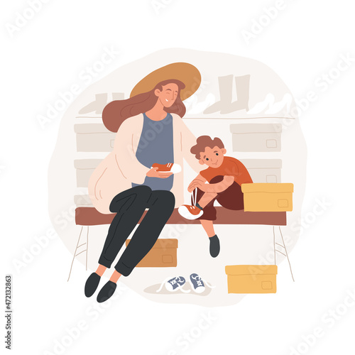 Trying on shoes isolated cartoon vector illustration. Kid sitting in a store, putting on a sneaker, many shoe boxes, toddler trying on footwear, baby fashion, shopping mall cartoon vector.