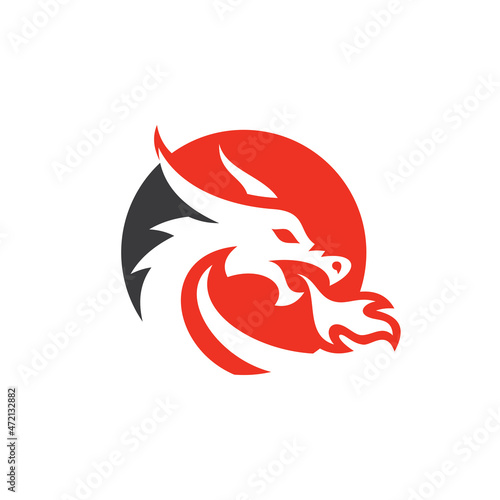 Dragon head silhouette, fire breath in a circle shape vector logo icon