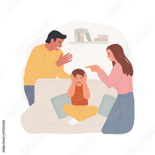 Family fight isolated cartoon vector illustration. Mother and father disciplining a child, family conflict, fighting in a living room, parents shouting at a child, misbehaving cartoon vector.