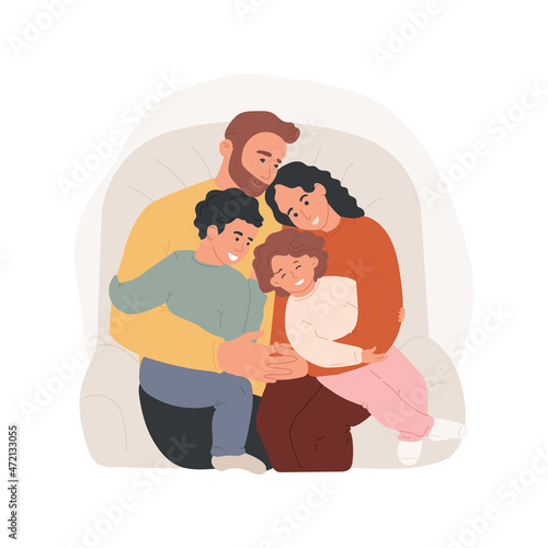 Family hugs isolated cartoon vector illustration. Parents and kids hugging, sitting on the sofa, children in the middle, family happy moment, sharing affection, giving a hug cartoon vector.