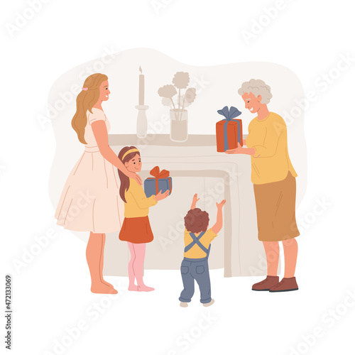 Family presents isolated cartoon vector illustration. Grandma giving sweets to a child, casual family visit, sharing small presents, spending weekend together, loving relation cartoon vector.