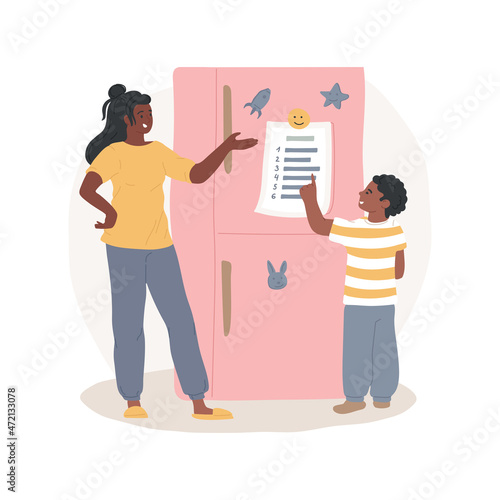 Rules checklist isolated cartoon vector illustration. Household rules for kids, checklist hanging on the fridge, child reading pointing finger, family members relationship cartoon vector.